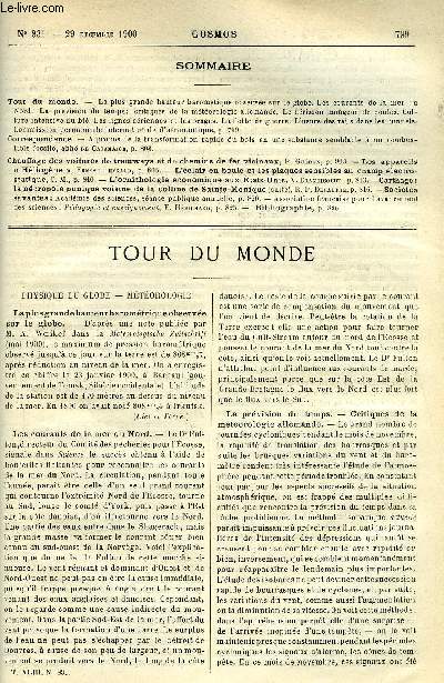 LE COSMOS - REVUE DES SCIENCES ET DE LEURS APPLICATIONS N 831 - La plus grande hauteur baromtrique observe sur le globe, Les courants de la mer du Nord, La prvision du temps; critiques de la mtrologie allemande, Le hrisson mangeur de poules