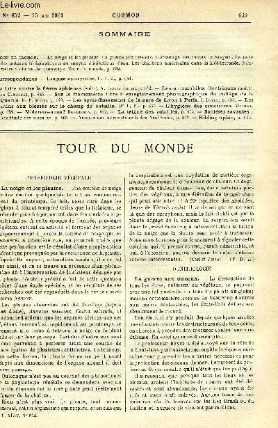 LE COSMOS - REVUE DES SCIENCES ET DE LEURS APPLICATIONS N 852 - La neige et les plantes, La guerre aux oiseaux, L'clairage des chutes du Niagara, La pose des poteaux tlgraphiques au moyen d'injections d'eau, Les charbons amricains