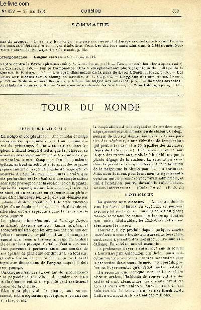 LE COSMOS - REVUE DES SCIENCES ET DE LEURS APPLICATIONS N 852 - La neige et les plantes, La guerre aux oiseaux, L'clairage des chutes du Niagara, La pose des poteaux tlgraphiques au moyen d'injections d'eau, Les charbons amricains