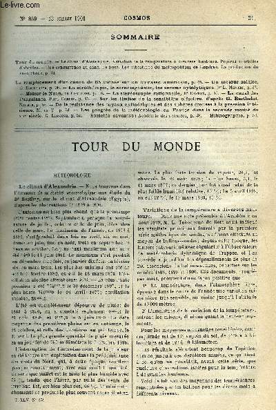 LE COSMOS - REVUE DES SCIENCES ET DE LEURS APPLICATIONS N 859 - Le climat d'Alexandrie, Variation de la temprature a diverses hauteurs, Piqures mortelles d'abeilles, Une concurrence au canal de Suez, Les vibrations du mtropolitain de Londres