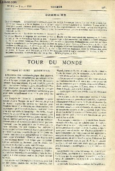 LE COSMOS - REVUE DES SCIENCES ET DE LEURS APPLICATIONS N 862 - L'obsevatoire mtorologique des Acores, Les nuages nacrs, Les vagues de la mer, Epilation par courants a haute tension, La tlgraphie sans fil entre l'Angleterre et l'Australie