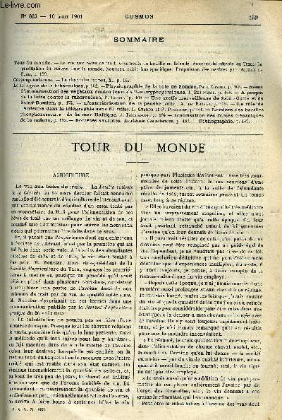 LE COSMOS - REVUE DES SCIENCES ET DE LEURS APPLICATIONS N 863 - Le vin aux btes de trait, Gisements de houille en Islande, Sources de ptrole au Texas, La production du cuivre dans le monde, Nouveau cable transpacifique, Propulsion des navires