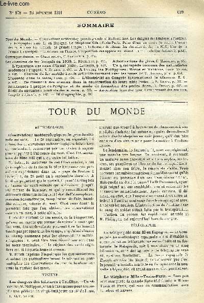 LE COSMOS - REVUE DES SCIENCES ET DE LEURS APPLICATIONS N 878 - Observations mtorologiques de grande altitude en mer, Les dangers des teintures a l'aniline, La tlgraphie sans fil en Espagne, Le tlphone Milan-Turin-Paris, Prise d'eau en cours