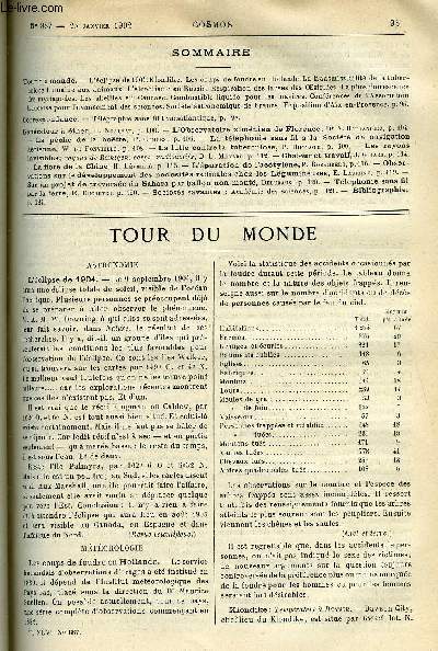 LE COSMOS - REVUE DES SCIENCES ET DE LEURS APPLICATIONS N 887 - L'clipse de 1904, Klondyke, Les coups de foudre en Hollande, La transmissibilit de la tuberculose humaine aux animaux, L'alcoolisme en Russie, Respiration des larves des Oestrides