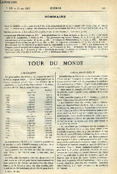 LE COSMOS - REVUE DES SCIENCES ET DE LEURS APPLICATIONS N 905 - La population de Paris et du dpartement de la Seine depuis 1801, L'actylne et l'alcool, Une locomotive se photographiant elle-mme, Le systme mtrique aux Etats Unis, Exposition