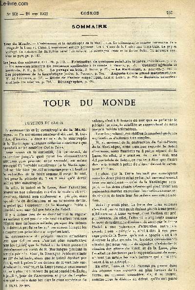 LE COSMOS - REVUE DES SCIENCES ET DE LEURS APPLICATIONS N 908 - L'astronomie et la catastrophe de la Martinique, Le sismographe comme baromtre, Sauvetage de la Lune en Chine, L'engraissement des poissons, Les victimes de la foudre aux Etats-Unis