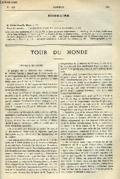 LE COSMOS - REVUE DES SCIENCES ET DE LEURS APPLICATIONS N 909 - M. L'abb Camille Maze, A propos de la thorie des volcans, La vanadium, Les jeux des animaux par le Dr. L. M. Les poissons migrateurs par P. Combes, Les problmes de la linguistique par A.