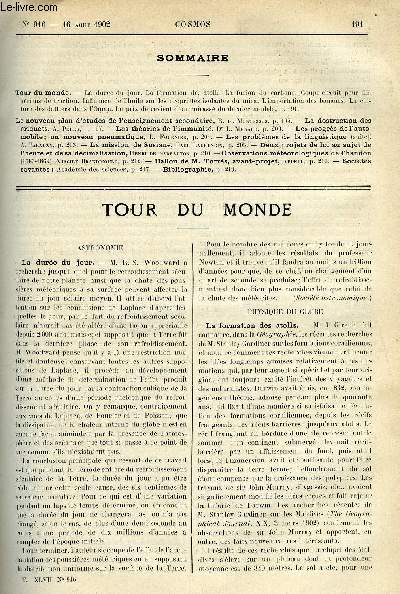 LE COSMOS - REVUE DES SCIENCES ET DE LEURS APPLICATIONS N 916 - La dure du jour, La formation des atolls, La fusion du carbone, Coupe-circuit pour fils arien de traction, Influence de l'huile sur les proprits isolantes du mica, L'importation