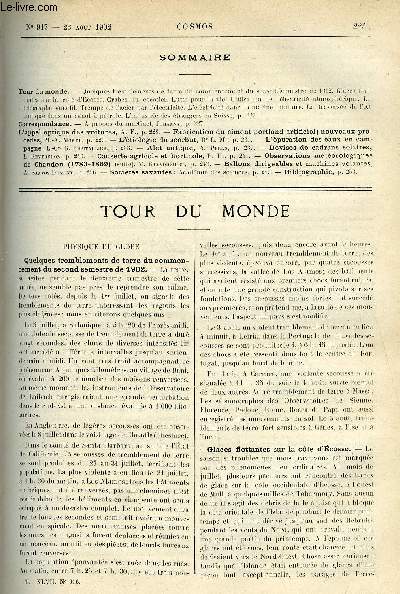 LE COSMOS - REVUE DES SCIENCES ET DE LEURS APPLICATIONS N 917 - Quelques tremblements de terre du commencement du second semestre de 1902, Glaces flottantes sur la cote d'Ecosse, Crabes du cocotier, Lutte pour la vie, Utilisation de l'lectricit