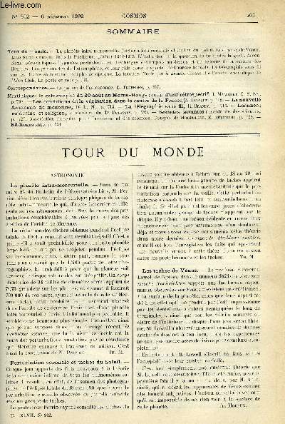 LE COSMOS - REVUE DES SCIENCES ET DE LEURS APPLICATIONS N 932 - La plante intra-mercurielle, Perturbation coronale et taches du soleil, Les taches de Vnus, L'ile Saint-Vincent, Dans le pacifique, L'hiver 1902-1903, L'tat actuel de la question du tir