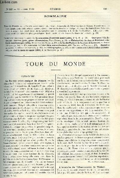 LE COSMOS - REVUE DES SCIENCES ET DE LEURS APPLICATIONS N 942 - La socit astronomique de France, L'incendie de l'observatoire de Yerkes, Tremblement de terre, Emploi d'un puits artsien comme source d'nergie hydraulico-lectrique, A propos