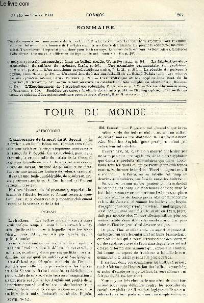 LE COSMOS - REVUE DES SCIENCES ET DE LEURS APPLICATIONS N 945 - L'anniversaire de la mort du P. Secchi, Les huitres, Les bouchons rajeunis, Pour la culture du coton, Influence de la lumire de l'actylne sur la croissance des plantes, La premire