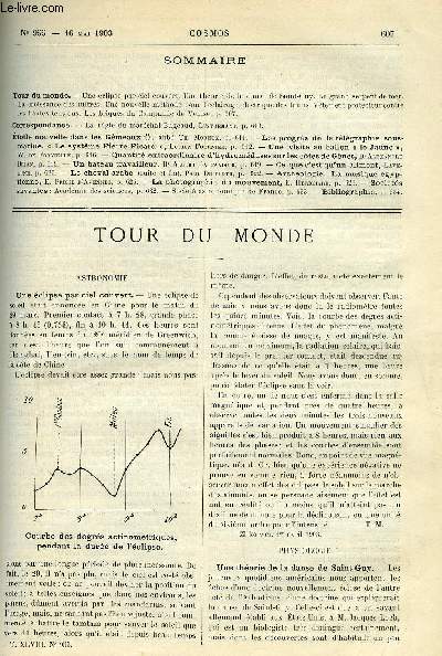 LE COSMOS - REVUE DES SCIENCES ET DE LEURS APPLICATIONS N 955 - Une clipse par ciel ouvert, Une thorie de la danse de Saint-Guy, Le grand serpent de mer, La croissance des huitres, Une nouvelle mthode pour l'clairage lectrique des trains, Vetement