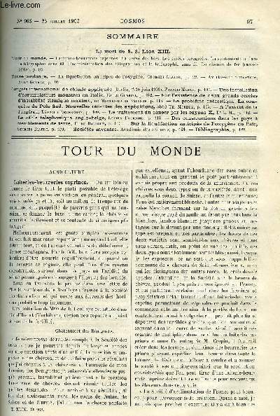 LE COSMOS - REVUE DES SCIENCES ET DE LEURS APPLICATIONS N 965 - La mort de S. S. Lon XIII, Laiteries-beurreries caprines, La verse des bls, Les fuses paragreles, La syntonisation dans la tlgraphie sans fil, L'administration des tlgraphes