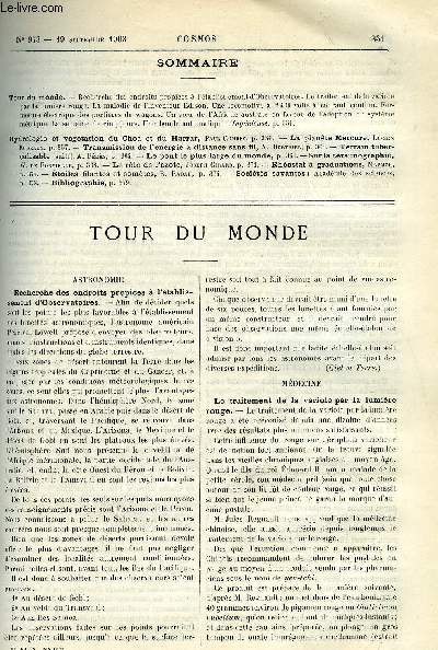 LE COSMOS - REVUE DES SCIENCES ET DE LEURS APPLICATIONS N 973 - Recherche des endroits proprices a l'tablissement d'observatoires, Le traitement de la variole par la lumire rouge, La maladie de l'inventeur Edison, Une locomotive a 2400 volts a courant