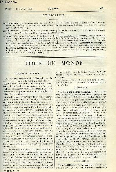 LE COSMOS - REVUE DES SCIENCES ET DE LEURS APPLICATIONS N 979 - Le congrs francais de chirurgie, A propos des petites plantes, La rhabilitation de la chvre, Nouvel lectrolyte pour l'interrupteur Wehnelt, La ligne Paris-News York, L'lectrolyse