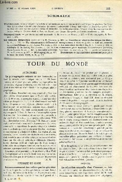 LE COSMOS - REVUE DES SCIENCES ET DE LEURS APPLICATIONS N 995 - La photgraphie cleste et ses insuccs, Le surcreusement des valles par les glaciers, Une ruption, La slection sexuelle chez l'homme, La chronophotographie a longs intervalles Le sapindus