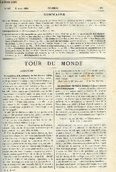 LE COSMOS - REVUE DES SCIENCES ET DE LEURS APPLICATIONS N 997 - Occultation d'Aldbaran le 24 fvrier 1904, La parallaxe du Soleil dduite d'observations spectroscopiques, Grands soleils, Chaire d'astronomie physique, Le radium, Le service de la vapeur