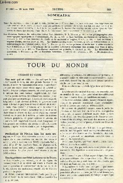 LE COSMOS - REVUE DES SCIENCES ET DE LEURS APPLICATIONS N 1000 - Une mer qui se vide, Profondeur de l'ocan dans les mers arctiques, Une hypothse sur l'tat intrieur de la terre, Concours pour une mthode de prvision du temps, Les RR. PP. Jsuites