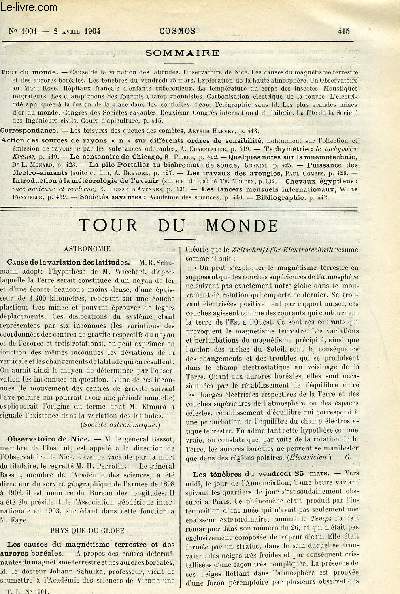 LE COSMOS - REVUE DES SCIENCES ET DE LEURS APPLICATIONS N 1001 - Cause de la variation des latitudes, Observatoire de Nice, Les causes du magntisme terrestre et des aurores borales, Les tnbres du vendredi 25 mars, Exploration du la haute atmosphre