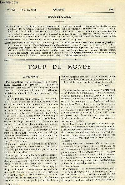 LE COSMOS - REVUE DES SCIENCES ET DE LEURS APPLICATIONS N 1005 - Une hypothse sur la formation des nbuleuses annulaires et spirales, La distribution gographique des mtorites, Berzilium et Carolinium, Pluie de poussires de fvrier 1903, Pluie