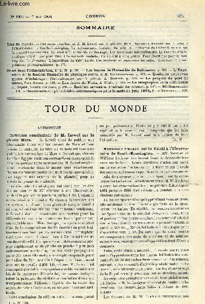 LE COSMOS - REVUE DES SCIENCES ET DE LEURS APPLICATIONS N 1006 - Curieuses conclusions de M. Lowel sur la plante Mars, Nouveaux travaux sur le Soleil a L'observatoire de south-kensington, Le rayonnement hertzien du soleil et l'influence de l'activit