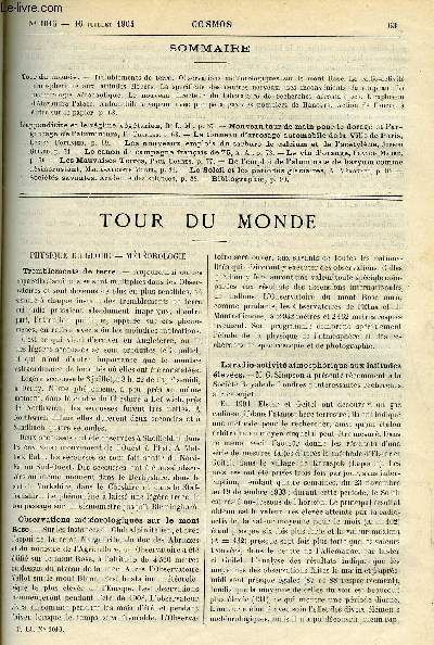 LE COSMOS - REVUE DES SCIENCES ET DE LEURS APPLICATIONS N 1016 - Tremblements de terre, Observations mtorologiques sur le mont rose, La radio-activit atmosphrique aux latitudes leves, La spcificit des centres nerveux, Les inconvnients du chapeau