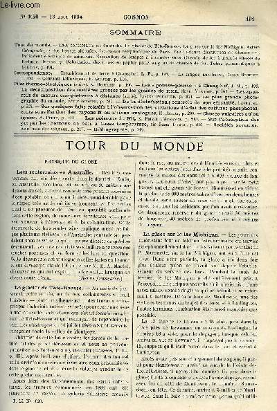 LE COSMOS - REVUE DES SCIENCES ET DE LEURS APPLICATIONS N 1020 - Lacs souterrains en Australie, Le glacier de tte rousse, La glace sur le lac Michigan, Action thrapeutique des hauts altitudes, Le rseau tlphonique de Paris, Conducteurs lectriques