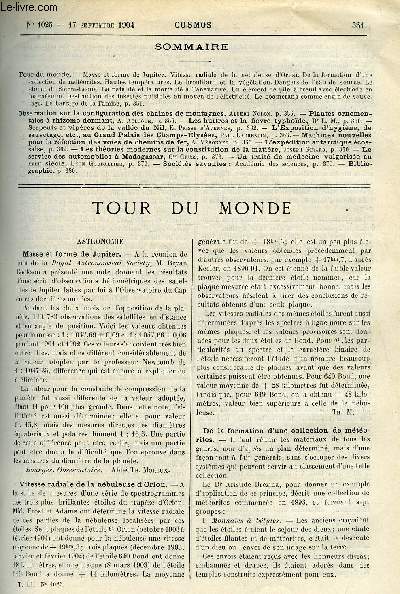 LE COSMOS - REVUE DES SCIENCES ET DE LEURS APPLICATIONS N 1025 - Masse et forme de Jupiter, Vitesse radicale de la nbuleuse d'Orion, De la formation d'une collection de mtorites, Hautes tempratures, Le brouillard et la vgtation, Dangers de l'eau