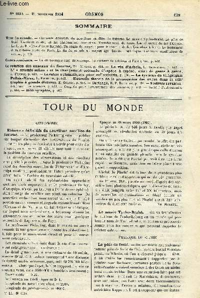 LE COSMOS - REVUE DES SCIENCES ET DE LEURS APPLICATIONS N 1034 - Elments dfinitifs du neuvime satellite de Saturne, Le muse Tycho-Brah, Le pole de froid, L'activit solaire et les phnomnes terrestres, Tremblement de terre, Les chemins de fer