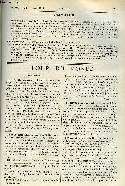 LE COSMOS - REVUE DES SCIENCES ET DE LEURS APPLICATIONS N 1035 - La plante Saturne, La voie lacte et la couleur des toiles, Le moyen mouvement de la Lune, Preuve physique de la libration terrestre, Socit astronomique de France, Tremblement