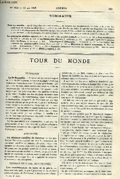 LE COSMOS - REVUE DES SCIENCES ET DE LEURS APPLICATIONS N 1059 - Le Dr Paquelin, Un dixime satellite de Saturne, Les tremblements de terre et la pluie, Les explosions des roches, La disparition du grand lac Sal, Foudre en boule, Longvit