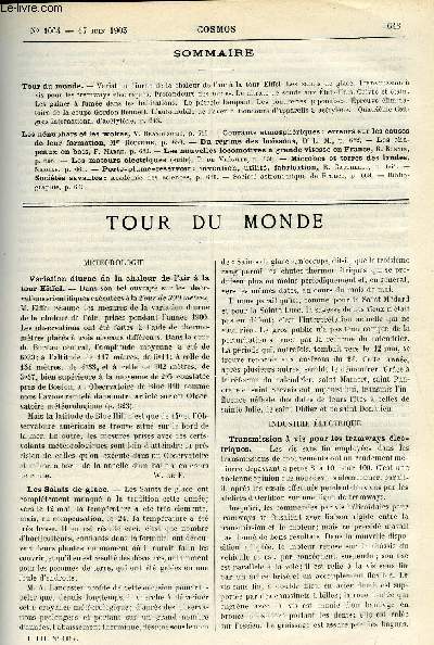 LE COSMOS - REVUE DES SCIENCES ET DE LEURS APPLICATIONS N 1064 - Variation diurne de la chaleur de l'air a la tour Eiffel, Les saints de glace, Transmission a vis pour les tramways lectriques, Profondeurs des mines, Le nitrate de soude aux Etats-Unis