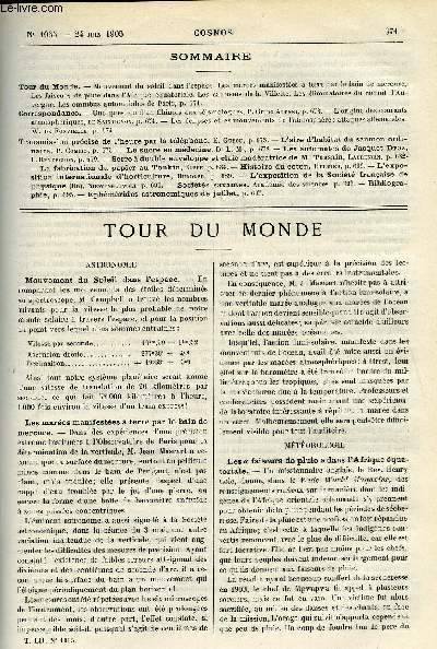 LE COSMOS - REVUE DES SCIENCES ET DE LEURS APPLICATIONS N 1065 - Mouvement du soleil dans l'espace, Les mares manifestes a terre par le bain de mercure, Les faiseurs de pluie dans l'Afrique quatoriale, Les saumons de la Villette, Les liminatoires