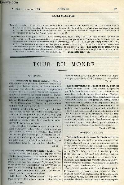 LE COSMOS - REVUE DES SCIENCES ET DE LEURS APPLICATIONS N 1067 - La temprature des taches solaires, Un mtore remarquablement lent, Les observations de l'clipse du 30 aout en ballon, Le tremblement de terre de l'Inde et la sismologie, Les variations