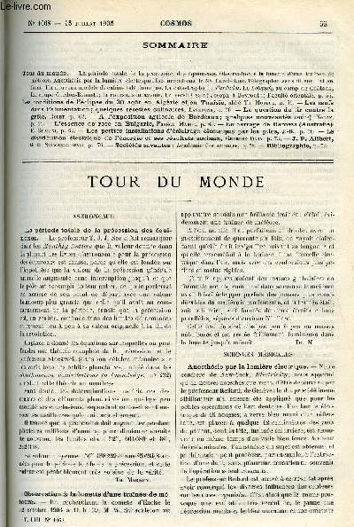 LE COSMOS - REVUE DES SCIENCES ET DE LEURS APPLICATIONS N 1068 - La priode totale de la prcession des quinoxes, Observation a la lunette d'une traine de mtore, Anesthsie par la lumire lectrique, Les inventions de Mgr Cerebotani, Tlgraphie