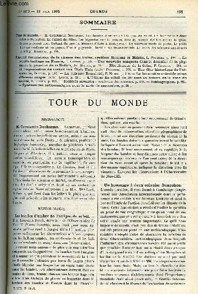 LE COSMOS - REVUE DES SCIENCES ET DE LEURS APPLICATIONS N 1073 - M. Constantin Decharme, Les bandes d'ombre de l'clipse du soleil, Un hommage a deux colonies francaises, Le tunnel de Silo, Les lgendes sur le coucou, Prix de revient des tirs
