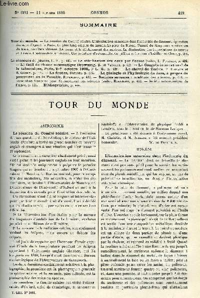 LE COSMOS - REVUE DES SCIENCES ET DE LEURS APPLICATIONS N 1081 - La runion du Comit solaire, L'intoxication saturnine dans l'industrie du diamant, Epuration des eaux d'gout de Paris, Le plus long empire du monde, La perte du Rhone, Tunnel du Simplon