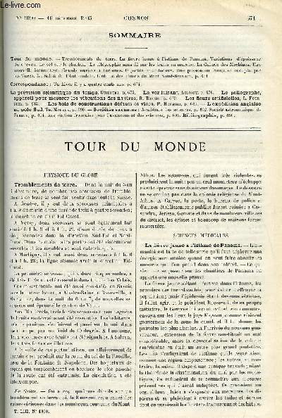 LE COSMOS - REVUE DES SCIENCES ET DE LEURS APPLICATIONS N 1090 - Tremblements de terre, La fivre jaune a l'isthme de Panama, Variations d'paisseur du cheveu, Le sel sur le charbon, La tlgraphie sans fil sur les trains en marche, La galerie