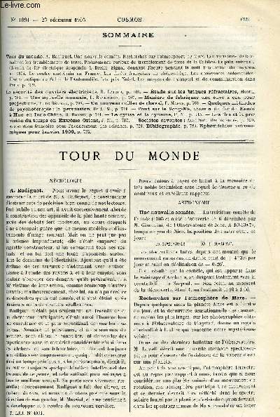 LE COSMOS - REVUE DES SCIENCES ET DE LEURS APPLICATIONS N 1091 - A Radiguet, Une nouvelle comte, Recherches sur l'atmosphre de Mars, Les variations de latitude et les tremblements de terre, Phnomnes curieux du tremblement de terre de la Calabre