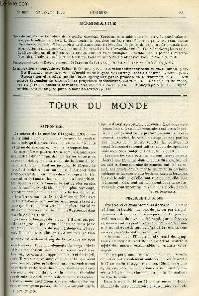 LE COSMOS - REVUE DES SCIENCES ET DE LEURS APPLICATIONS N 1096 - Le retour de la comte Giacobini, Eruptions et tremblements de terre, La purification de l'eau par le sulfate de cuivre, La ligue contre la poussire sur les routes, Contre la poussire