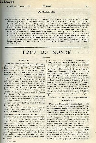 LE COSMOS - REVUE DES SCIENCES ET DE LEURS APPLICATIONS N 1099 - Astre invisible dcouvert par la photographie, Les taches solaires vues a l'oeil nu, Un nouvel observatoire aronautique, Le chariot de Pascal, La phosphorescence des clairs, La frgate