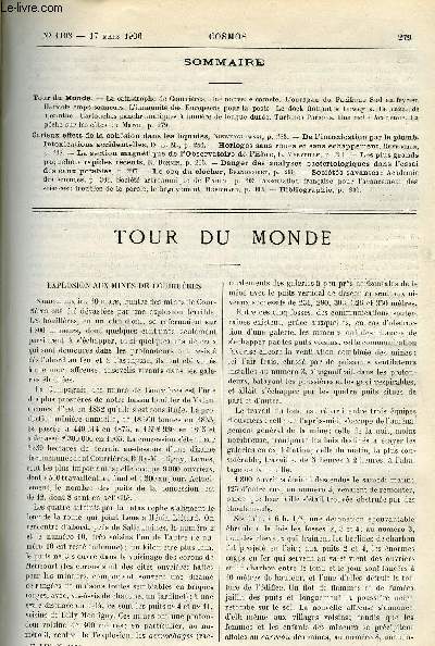 LE COSMOS - REVUE DES SCIENCES ET DE LEURS APPLICATIONS N 1103 - La catastrophe de courrires, Une nouvelle comte, L'ouragan du Pacifique Sud en fvrier, Haricots empoisonneurs, L'immunit des Europens pour la peste, Le dock flottant Dewey, Le canal