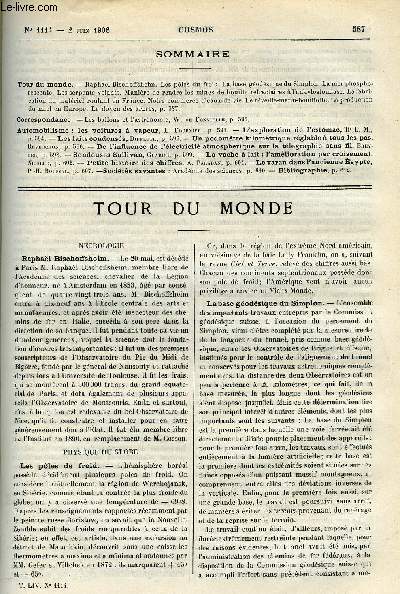 LE COSMOS - REVUE DES SCIENCES ET DE LEURS APPLICATIONS N 1114 - Raphael Bischoffsheim, Les poles du froid, La base godsique du Simplon, La mer phosphorescente, Les serpents volants, Manire de rendre les mines de houille rfractaires