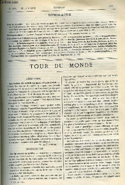 LE COSMOS - REVUE DES SCIENCES ET DE LEURS APPLICATIONS N 1125 - Les taches du soleil au mois d'aout 1906, Le tir contre la grele, La force des insectes, Stations radiotlgraphiques des divers pays, Enlvement des poussires charbonneuses dans les mines
