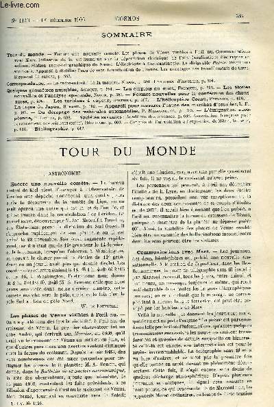LE COSMOS - REVUE DES SCIENCES ET DE LEURS APPLICATIONS N 1140 - Encore une nouvelle comte, Les phases de Vnus visibles a l'oeil nu, Communications avec Mars, Influence de la vie humaine sur la dperdition lectrique de l'air, Canalisations lectriques