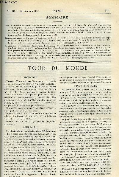 LE COSMOS - REVUE DES SCIENCES ET DE LEURS APPLICATIONS N 1143 - Donato Tommasi, La chute d'une mtorite dans l'Atlantique, La cration d'un geyser, Une mine de pierres prcieuses, Ascension des Himalayas, L'anesthsie par la lumire bleue, Le microbe