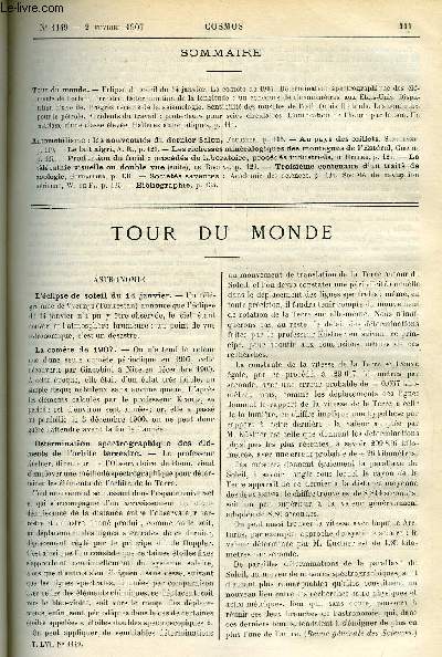 LE COSMOS - REVUE DES SCIENCES ET DE LEURS APPLICATIONS N 1149 - Eclipse de soleil du 14 janvier, La comte de 1907, Dtermination spectrogaphique des lments de l'orbite terrestre, Dtermination de la longitude : un concours de chronomtre