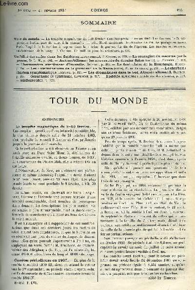 LE COSMOS - REVUE DES SCIENCES ET DE LEURS APPLICATIONS N 1152 - La tempte magntique du 9-20 fvrier, Comtes priodiques en 1907, Les dangers de l'acide picrique, Berlin port de mer, A la conqute du pole Nord, Accidents de chemins de fer, Le pavage