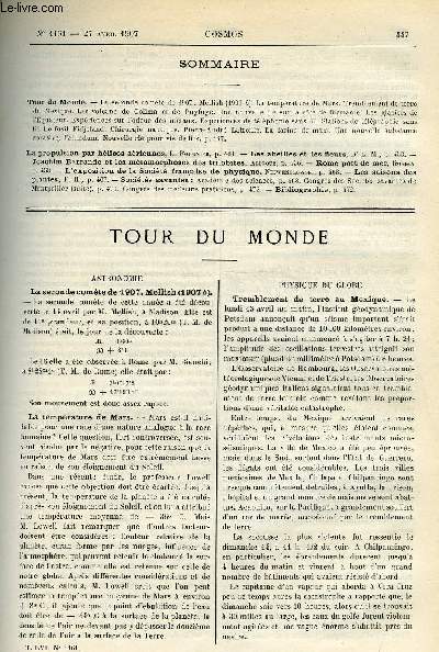 LE COSMOS - REVUE DES SCIENCES ET DE LEURS APPLICATIONS N 1161 - La seconde comte de 1907 : Mellish, La temprature de Mars, Tremblement de terre du Mexique, Les volcans de Colima et du Puyfuye, Une nouvelle ile sur la cote de Birmanie, Les glaciers